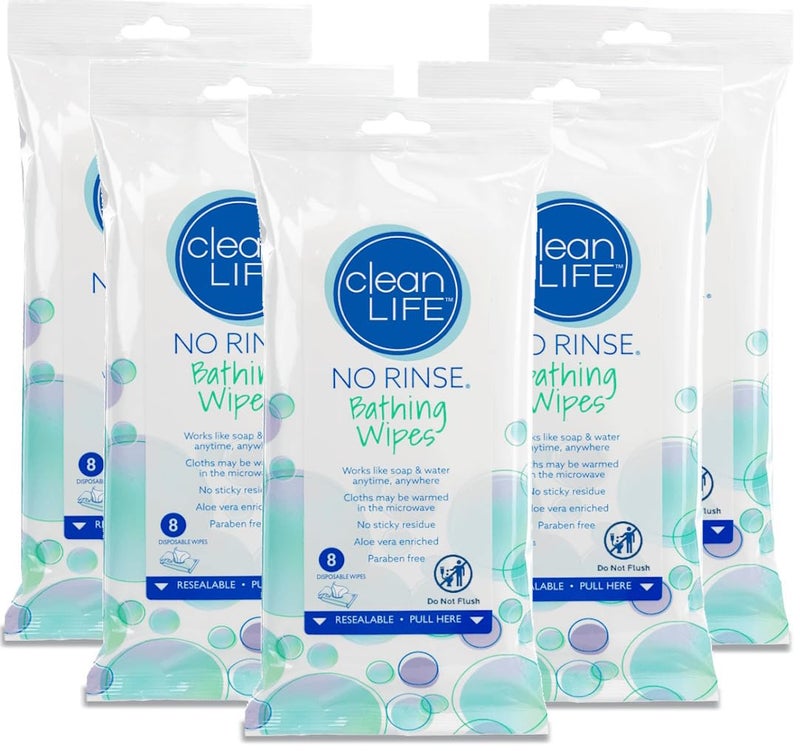 No Rinse مناديل الاستحمام النظيفة بدون شطف (5 عبوات من 8) - 40 مناديل جسم قابلة للتخلص منها | مناديل استحمام لتنظيف البالغين، كبار السن، التخييم، المستشفى | رعاية شخصية بدون شطف للسفر، الراقدين، الخرف - Image 1